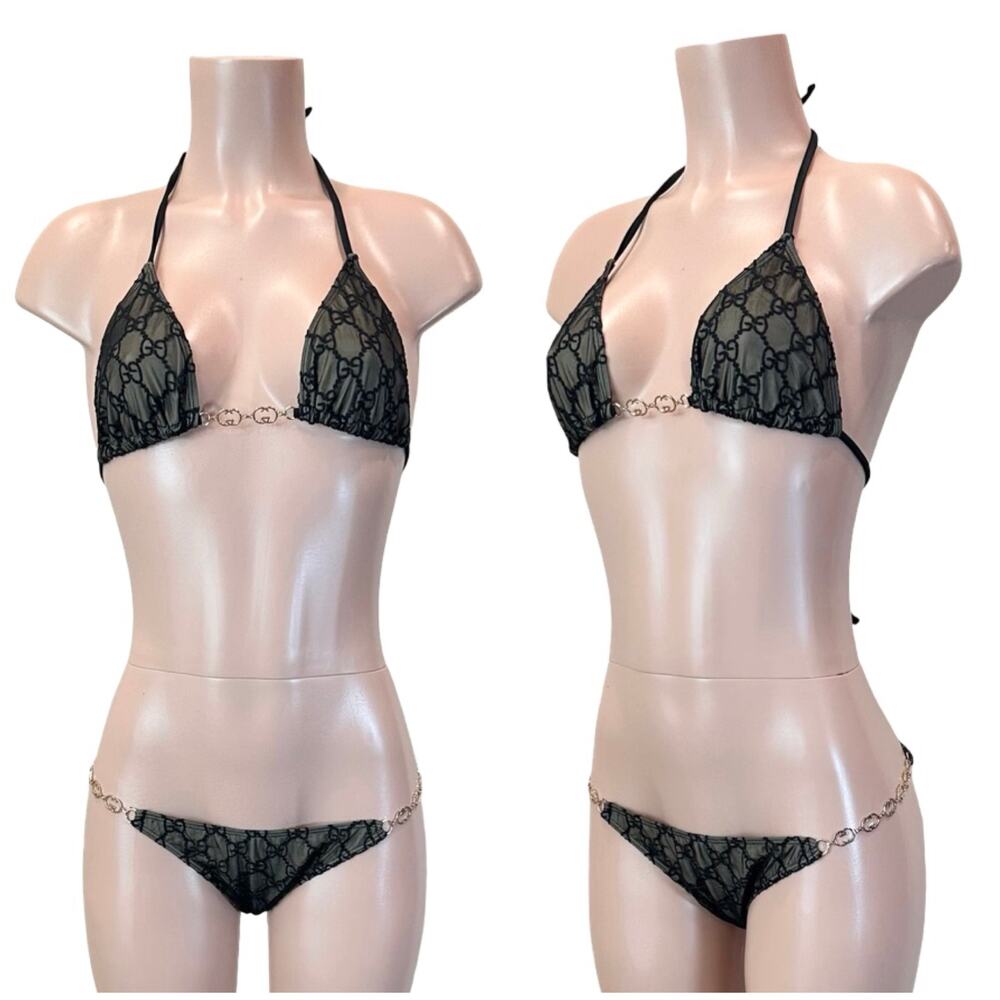 GG Monogram Logo Mesh Black Nude Bikini SZ XL